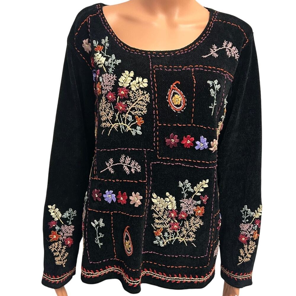Coldwater Creek Colorful Patchwork sweater w/floral embroidery sz L
